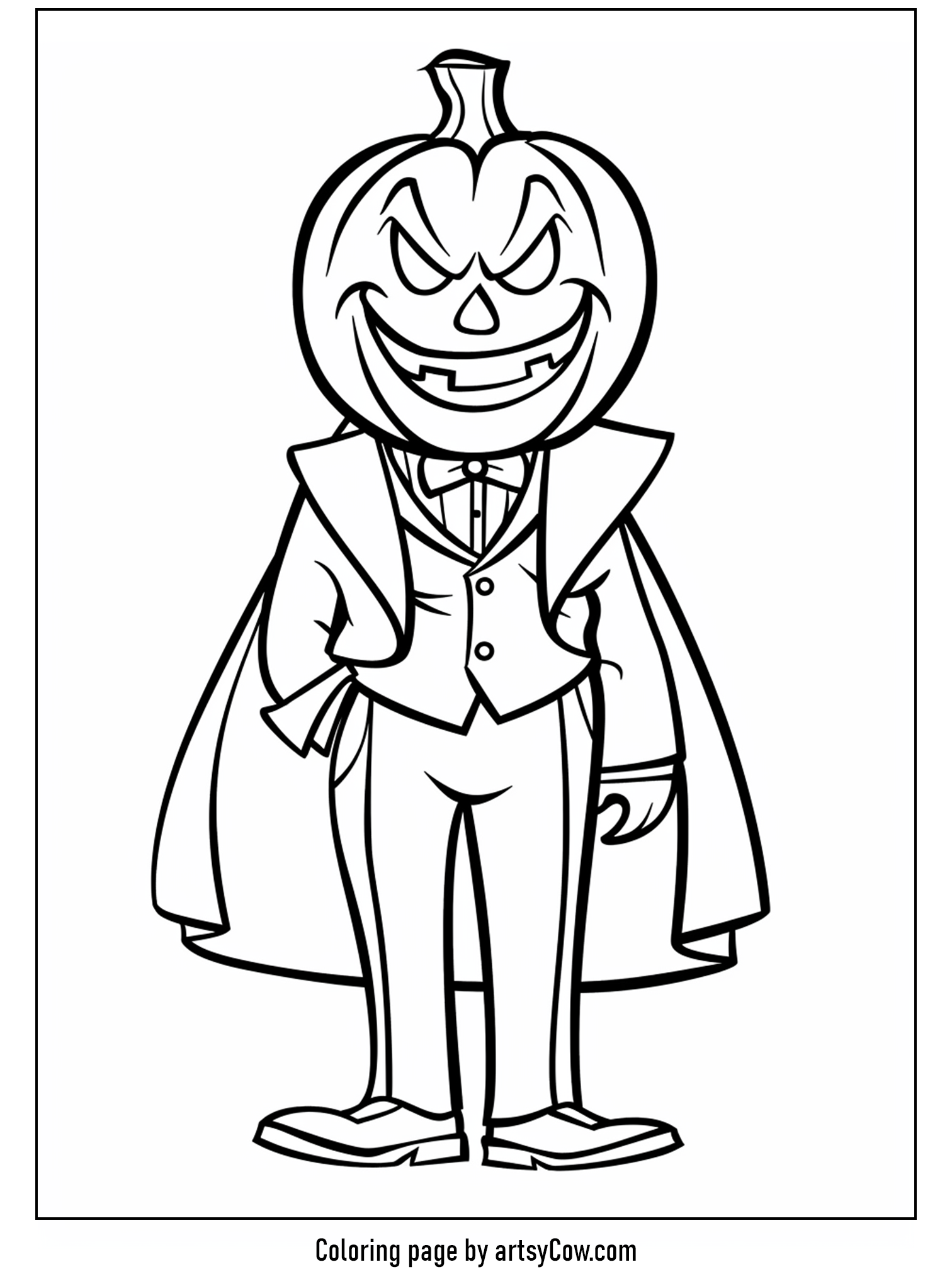 free halloween coloring pages for kids and adults, featuring a unique illustration of a merry pumpkin dressed in a crisp tuxedo, perfect for sparking creativity in both young and old.